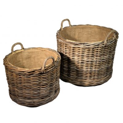 10/7001 Set of 2 Wheeled Round Grey Lined Log Baskets