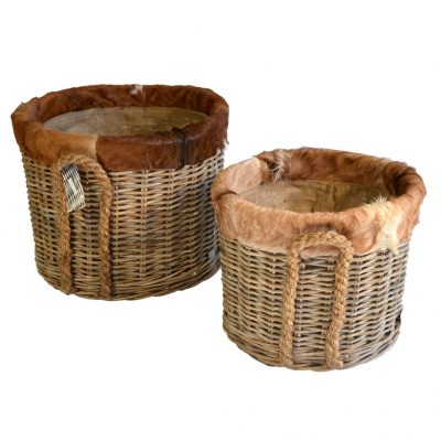 10/7031 Set of 2 Round Grey Log Baskets Goat Skin Trim Lined on Wheels