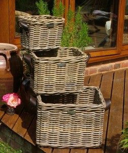 10/8000 Set of 3 Leather Handled Oblong Grey Storage Baskets Display