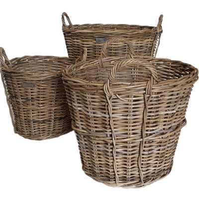 10/5172 Set of 3 Round Grey Log Baskets with Side Trim Detail