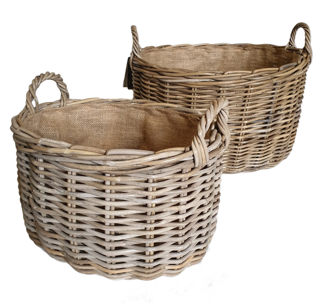 Set of 2 Grey Wicker Storage Log Baskets with Handles 