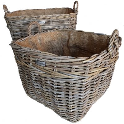 Set 2 Oblong Grey Log Baskets with Jute Liner