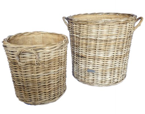 10/6607 Set 2 Tall Round Grey Log Baskets with Liner