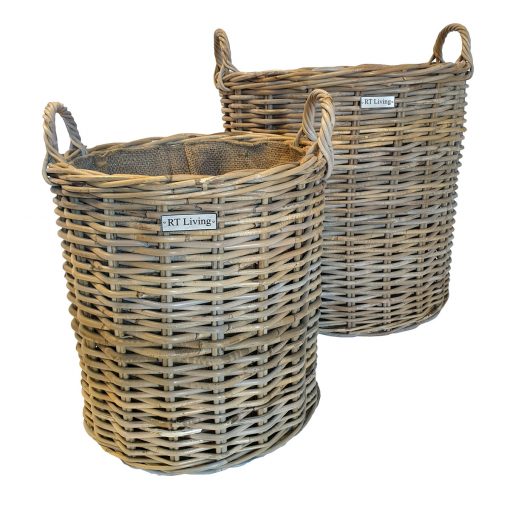Set 2 Round Grey Log Baskets with Jute Liner and Eared Handles