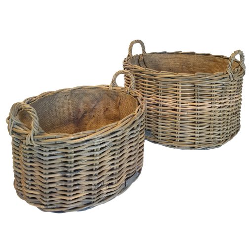 Set 2 Shallow Oval Grey Log Baskets with Jute Liners