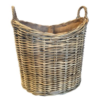 Tall Oval Grey Log Basket with Jute Liner and Eared Handles