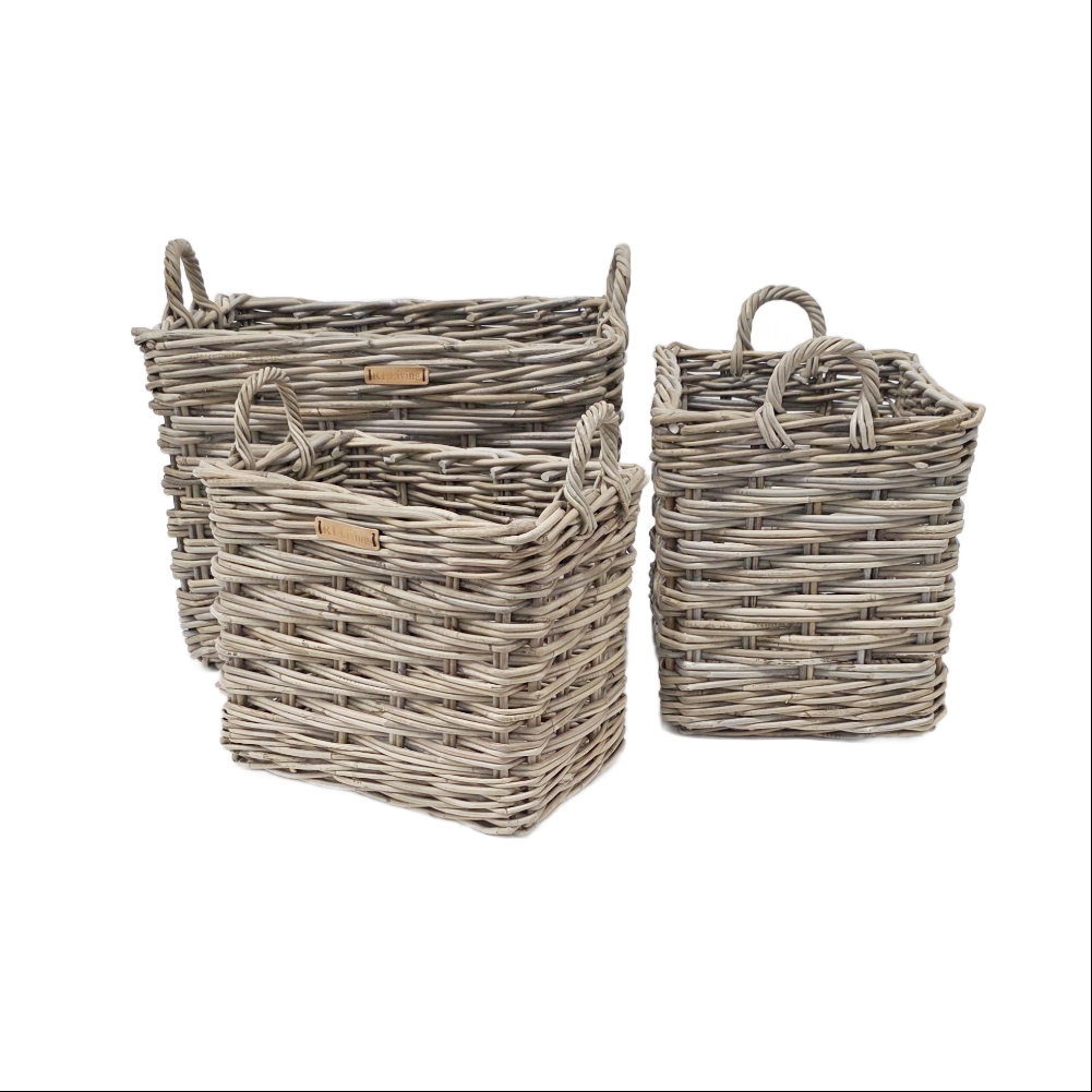 11-8314G Set of 3 Oblong Grey Rattan Log Baskets with Plaited Weave